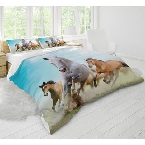 Ensemble de Literie - Cheval Imprimé - Housse de Couette 200x200cm - 2 Taies d'Oreiller 50x75cm - Lavable (1/4)