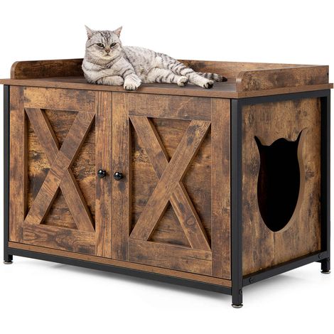 Structure métal et panneaux bruns, meuble cache litière pour chat avec double porte et entrée latérale pour intérieur (1/5)