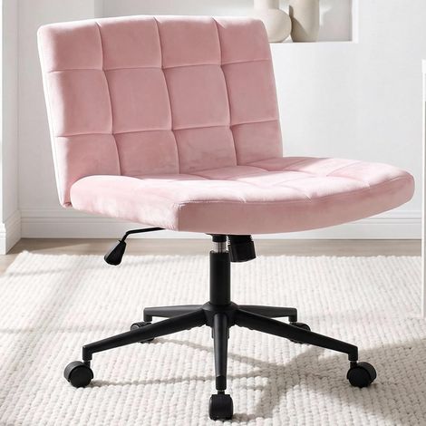 Bürostuhl Samt ohne Armlehnen, höhenverstellbarer Drehstuhl mit Rollen, 360° drehbar, breiter gepolsterter Sitz, Schreibtischstuhl für Schlafzimmer, Schminktisch und Arbeitszimmer, Rosa (1/5)