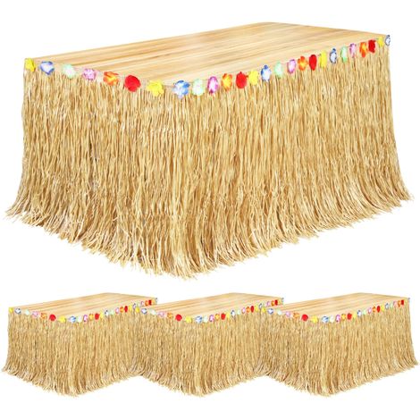 Lot de 4 jupes de table en herbe naturelle de 2,7 m x 75 cm - Jupe de table hawaïenne pour décorations de fête tropicale hawaïenne - Fête costumée - Jaune paille (1/5)