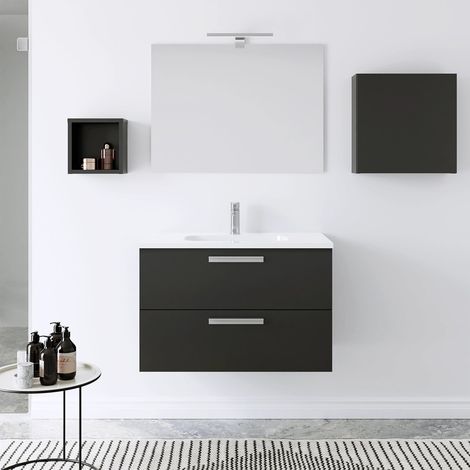 Mobile da bagno sospeso 100cm antracite lucido con lavabo e specchio Jasper (1/4)