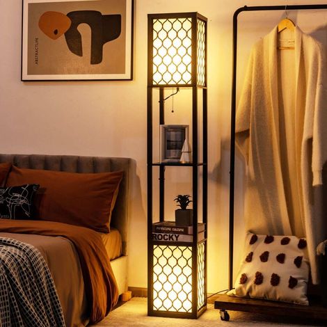 Lampadaire noir en bois avec 2 abat-jour, 2 étagères et double interrupteur pour salon, chambre et bureau (1/5)