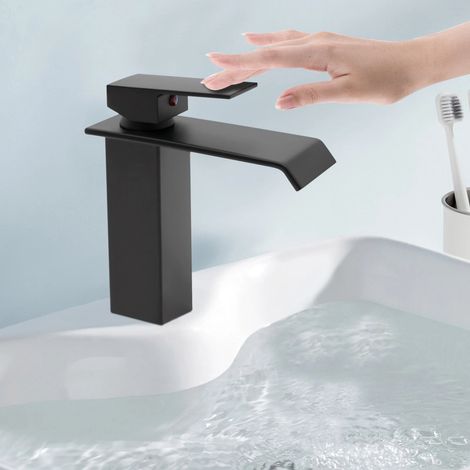 Wasserfall im Bad, Waschtisch-Mischbatterie mit Wasserfall für das Bad, Mischbatterie für das Bad mit Wasserfall-Auslauf, Hochdruck-Waschtischarmatur (Schwarz)