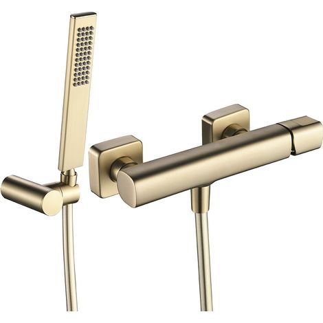 Mitigeur de douche mural monocommande – Ensemble de douche avec jet pluie – Finition or brossé – Tête en céramique anti-tartre