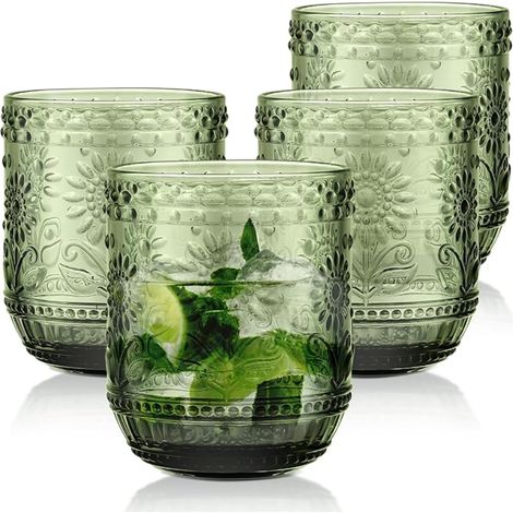 Set Green Vintage Embossed Flower Drinking Glasses for Juices Beer Cocktail Lemonade Dishwasher Safe (1/5)