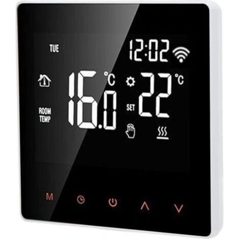 Thermostat mural intelligent Wi-Fi 230 V pour chaudière et plancher chauffant – Écran LCD, commande à distance via appli, courant max. 16 A, design blanc avec touches orange (1/4)