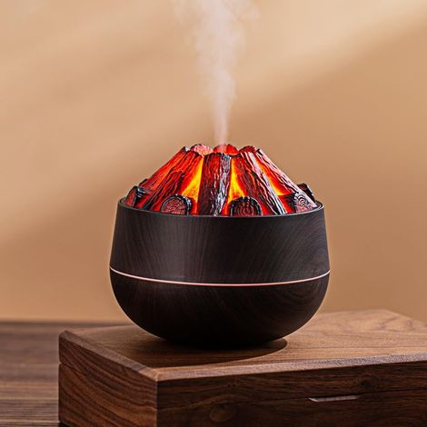 Umidificatore da tavolo ad alta capacità, con design effetto fiamma a carbone simulata, alimentazione USB (legno scuro) (1/3)
