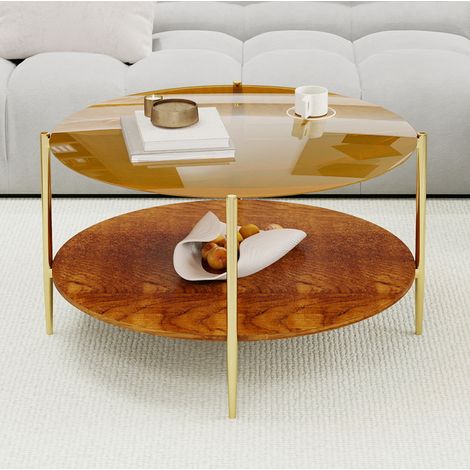 Tavolino rotondo 82x82x45 cm dorato, piano in vetro temperato, contenitore in legno MEUBLIV (1/5)