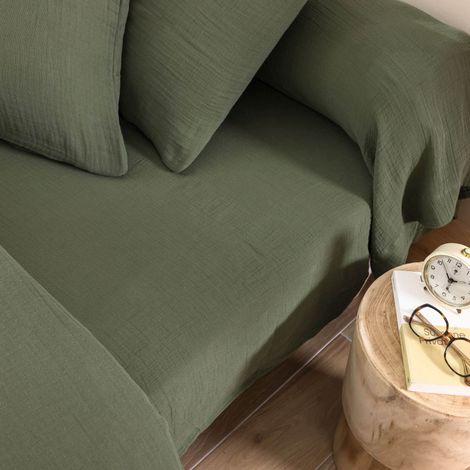 Drap housse 160x200 gaze de coton kaki Terre de Nuit NOA - NOA