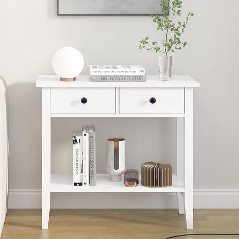 Soges – Buffet classique blanc avec 2 tiroirs et étagères ouvertes – Dimensions 80x34x71,5cm – MDF de qualité supérieure pour stabilité