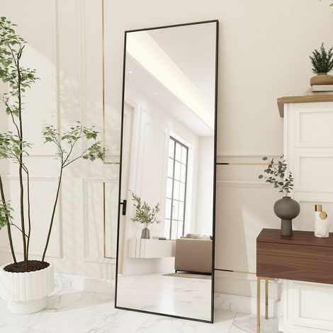 Specchio da Terra Design 177x77 cm - Grande Specchio Rettangolare a Parete o Autoportante con Cornice in Alluminio Antiesplosione - Nero