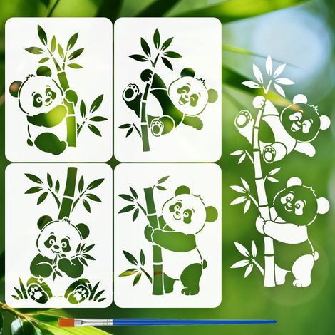 4Pièces Pochoirs Peinture Panda Mignon Avec Pinceau 30x40cm Modèle Panda Bambou Réutilisable Pochoir Feuilles Herbe Plastique Thème Animal pour Loisirs Créatifs, Décoration Meubles (1/5)