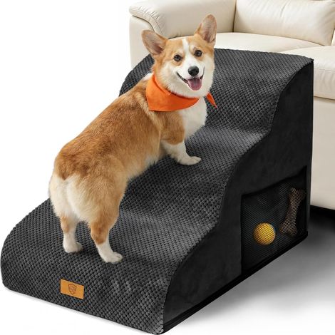 Escalier pour Chien 3 Marches, Stable et Antidérapant, Noir Poignée de transport et empreintes en silicone pour déplacer facilement l'escalier et l'adapter à différents espaces. (1/5)