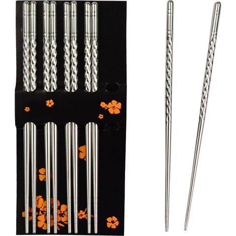 Baguettes En Acier Inoxydable - 22 5 Cm - Design Spiralé - Embout Affiné - Réutilisables - Pour Cuisine Et Repas Asiatiques - 5 Paires (1/5)