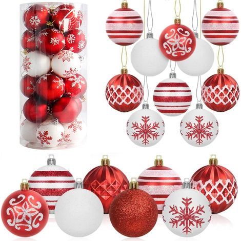 32 Stück 6 cm große rote und weiße Weihnachtskugeln - Bruchsichere Hängeornamente für Weihnachtsbaum, Feiertage, Zuhause, Partys und Dekoration (8 Ausführungen) (1/5)