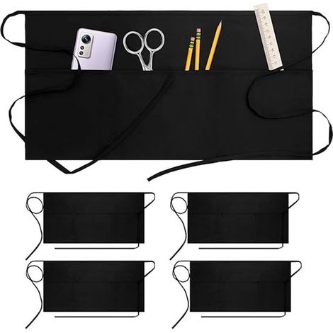 Delantal con bolsillos, 4 piezas, con 3 bolsillos, impermeable, Talla única, Delantal de servicio, Delantal de camarero, 60x31,5 cm, Negro (1/5)