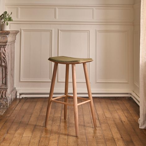 Tabouret en teck massif assise velours cotelé 75 cm (1/5)