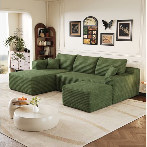 Canapé d'angle 241x151x58 cm en tissu velours vert, sans montage, pour salon moderne FloraGrace (1/5)