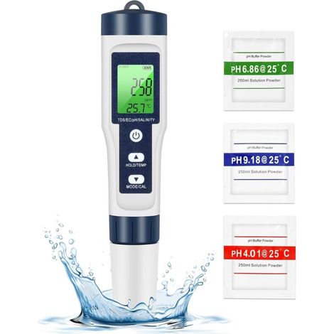 pH- und TDS-Messgerät, 5-in-1-Wasserqualitätstester (pH/TDS/EC/Salz/Temperatur), grün hinterleuchtetes LCD-TDS-Messgerät für Schwimmbad/Aquarium/Teich