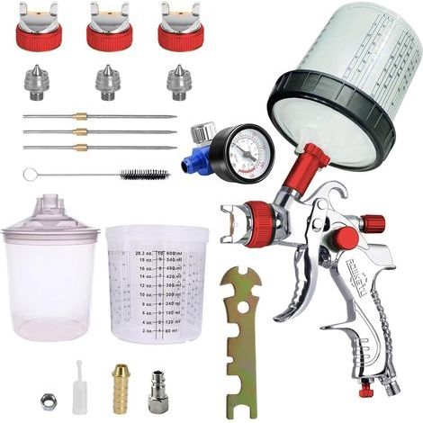 HVLP Professionnel Pistolet à Peinture 600cc avec 3 Buses 1,4mm 1,7mm 2,0mm, avec régulateur d'air, jetables gobelet jetable 600ML et gobelet mélangeur de Couleurs (Rouge) (1/5)
