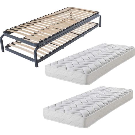 Lit gigogne métal 80x190 – 2 matelas mousse HD 13 cm – 20 lattes multiplis – Gain de place – Éco-conçu – Made in France – Ebac Literie