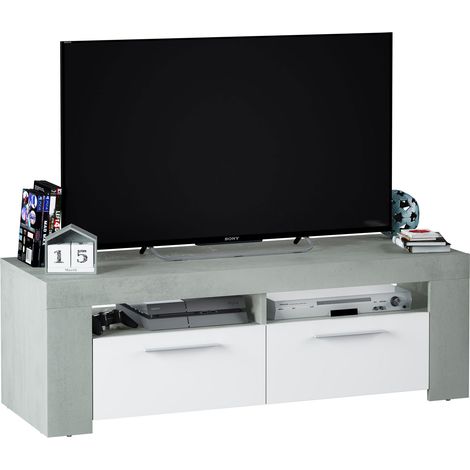 Meuble TV 2 tiroirs 2 niches 120x42x40 cm décor gris béton et blanc