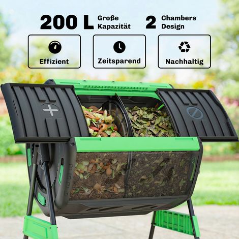 Composteur 200L double chambre, aérations réglables, sans BPA, vert