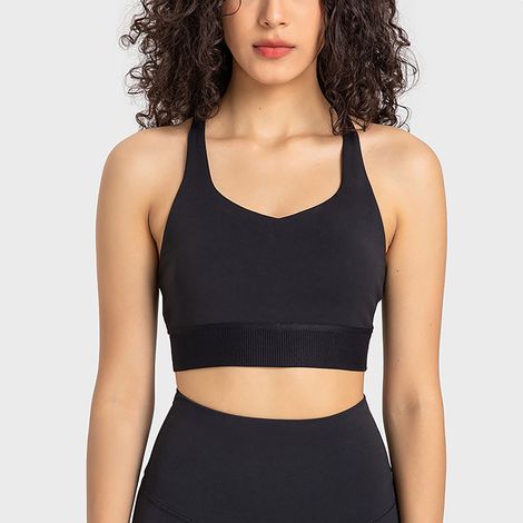 Soutien-gorge de sport à bretelles croisées et col en U, antichoc, antidérapant et respirant, idéal pour le yoga et la salle de sport (Prado), noir, taille 8. (1/5)