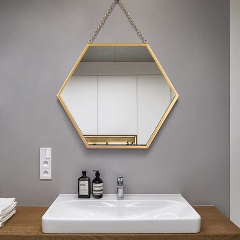 Sechseckiger Wandspiegel mit Metallrahmen - Dekorativer Spiegel mit Kette - Kosmetikspiegel - Kosmetikspiegel für Badezimmer, Wohnzimmer, Schlafzimmer (L) (1/5)