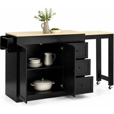 ELVMI Carro de Cocina con Ruedas, 3 Cajones, Encimera Extensible y Estantes Ajustables, Cocina, MDF, Negro (1/5)