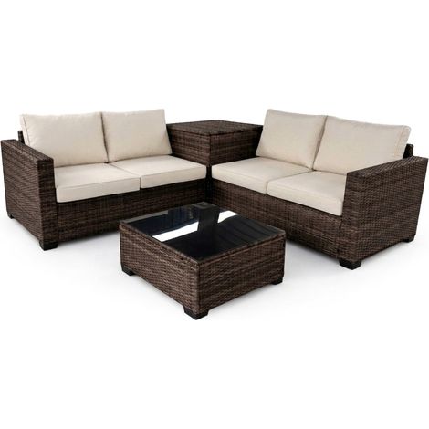 Sofa Rinconera + Mesa + Baul en Ratan PE. Muebles de Jardin y Terraza, Ratan Marron
