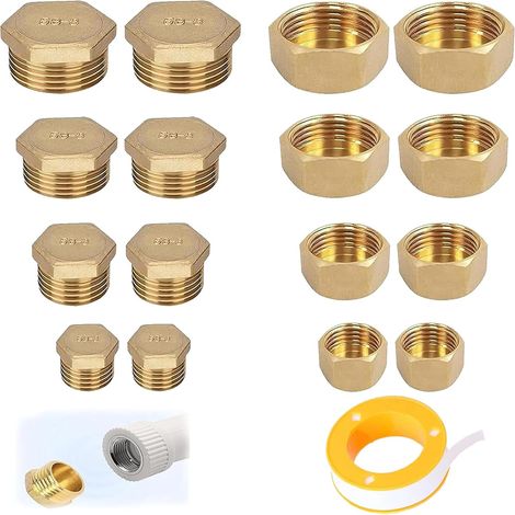 16 Pièces Bouchon Nourrice, Avec Filets Intérieurs Et Extérieurs 1/2-1/4-1/8-3/8 Laiton Capuchon Fileté Bouchon, Avec 10m Ruban D'étanchéité, Pour Systèmes De Chauffage Et D'Eau Potable (1/5)