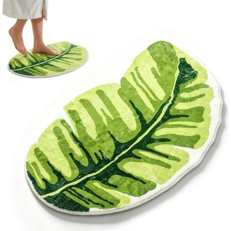 Tapis de Bain en Forme de Feuille de Monstera, Tapis de Douche Tropical Lavable et Antidérapant, Tapis de Sol pour Salle de Bain et WC, Décoration de Salle de Bain Élégante et Pratique (1/5)