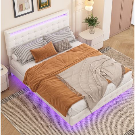 Letto 140x200 cm bianco in PU e MDF con LED regolabili e testiera a 3 altezze (1/5)