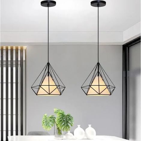 Lot de 2 Lampe Suspension Retro en Cage Diamant,Lustre Luminaire Industrielle Métal Vintage pour Salon Chambre (1/4)