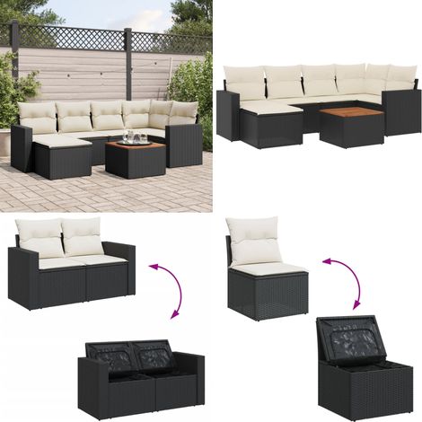 7-tlg. Garten-Sofagarnitur mit Kissen Schwarz Poly Rattan - Gartenmöbel - Outdoor Möbel - Rattan Gartenmöbel - PE-Rattan - Esstisch Set - Home & Living (1/5)
