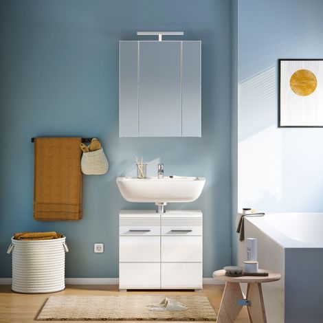 Ensemble 2 meubles de salle de bain + lampe blanc brillant - KUEDA
