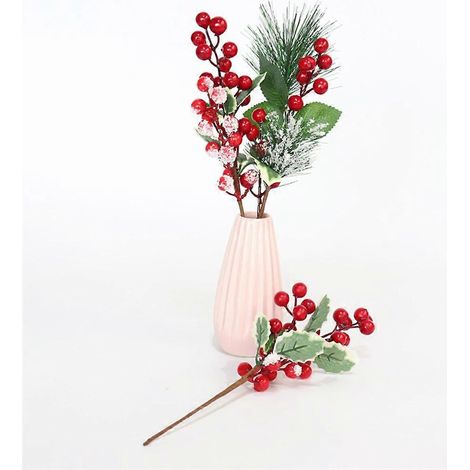 Tiges de baies rouges artificielles pour couronne de sapin de Noël, pics à baies en forme de flocons de neige (1/4)