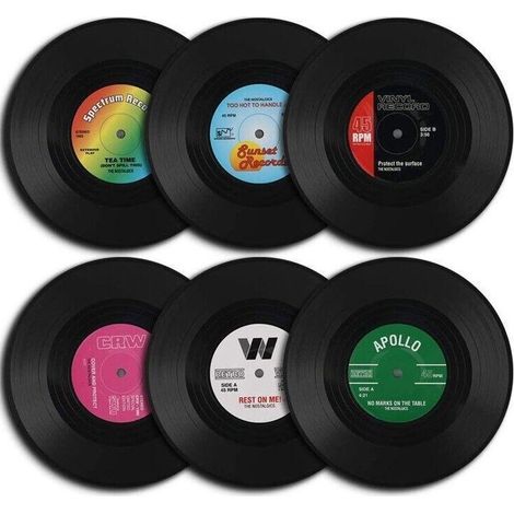 Lot de 6 sous-verres rétro en vinyle - Dessous de verre ronds en ABS pour la maison ou le bar (1/5)