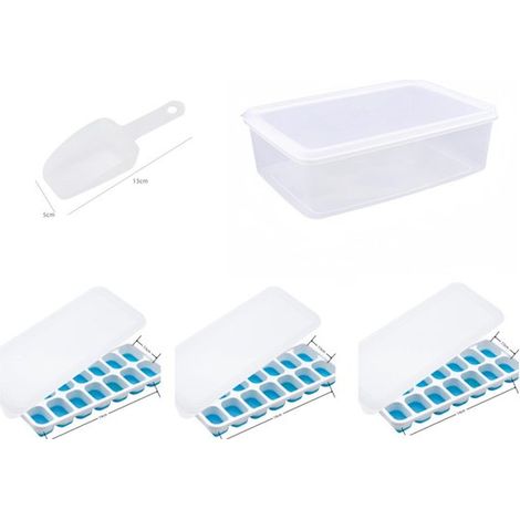 Vassoio per cubetti di ghiaccio con coperchio e contenitore per il ghiaccio, set di 3 pezzi in silicone e plastica, per frigoriferi, con scatola/contenitore, impilabile (1/5)