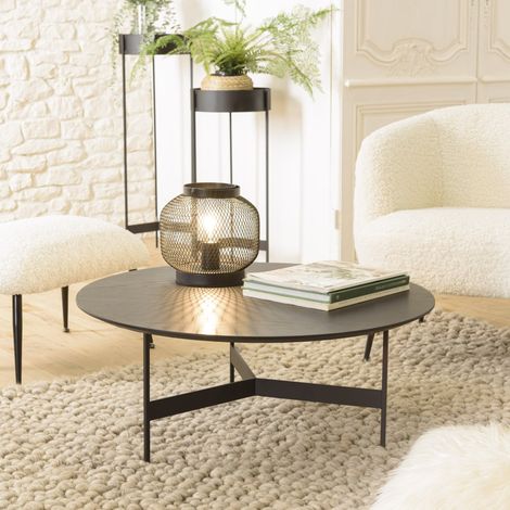 DALY - Table basse en bois ronde noire 78x78cm piètement métal (1/5)