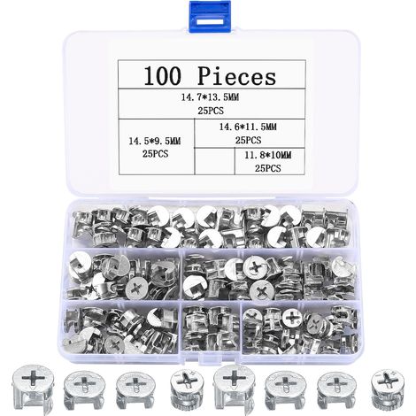 100 Pcs Connecteurs de Meubles Excentriques, Raccord de Verrouillage à Came, Écrou de Blocage Meuble Excentrique, Écrous à Cames Ferrure d'assemblage pour Tiroirs Armoires Panneaux (4 Tailles) (1/5)