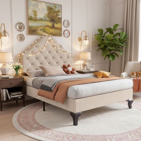 Cama tapizada con somier y cabezal 90x200 cm beige HAVRYA (1/5)