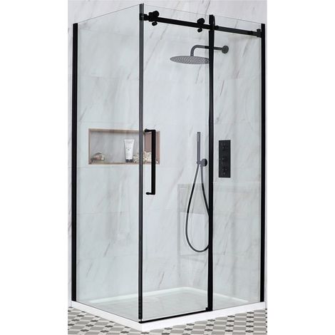 Milano Nero Black Reversible Corner Frameless Sliding Door Shower Enclosure with White Tray and Fast Flow Waste - 1100mm x 800mm (1/5)