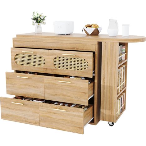 Table de bar haute avec 6 tiroirs et portes en rotin PE, table haute pivotante à 360° avec dispositif anti-basculement, grand espace de rangement, poignées métalliques, table bistrot pour salon, cuisi