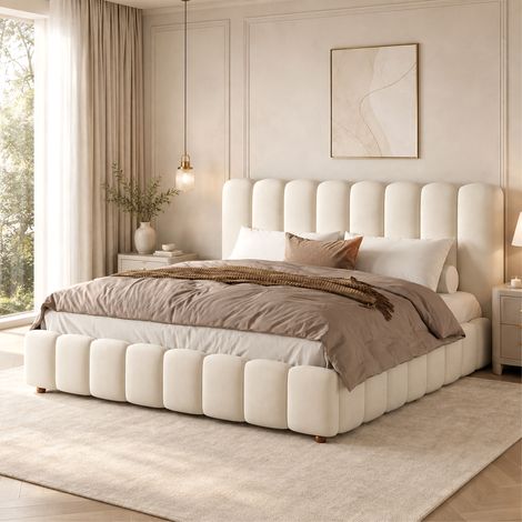 Lit coffre 160x200 cm en velours beige, gain de place pour chambre, sans matelas FloraGrace (1/5)