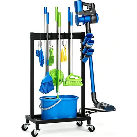 Porte-balai, chariot de nettoyage, chariot de nettoyage avec porte-balai et porte-serpillère, chariot de nettoyage mobile avec support pour serpillère