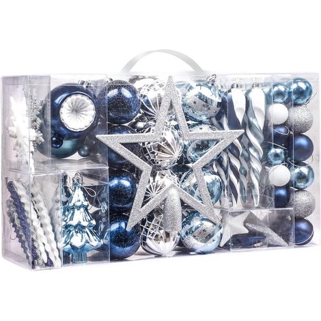 100pcs 3-15cm Boules de Noël, Thème d'hiver Blanc Bleu, Lot de Décorations d'arbre de Noël à Suspendre, Boules Décoratives Peintes à la Main avec Étoile pour Sapin De Noël en Plastique (1/5)