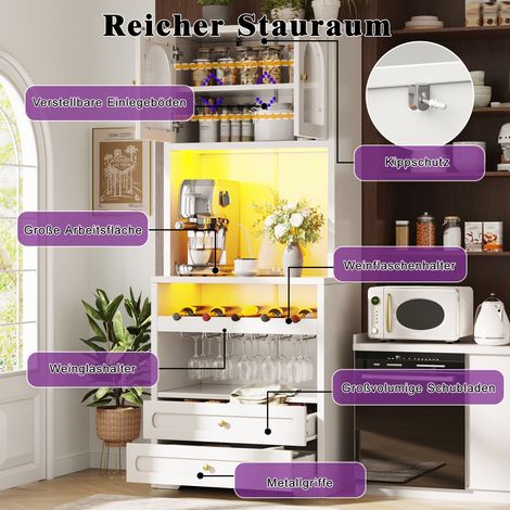 Armoire haute avec portes vitrées incurvées, éclairage LED par application et synchronisation musicale, étagères réglables, casier à vin, port USB, protection anti-bascule, pour salon et salle à mange (1/5)
