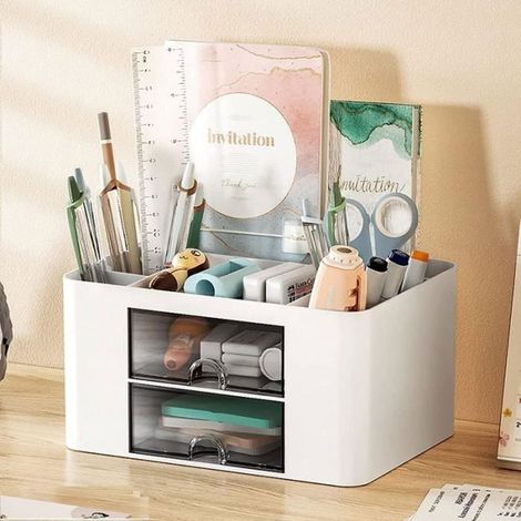 Rangement Bureau -Organisateur de Bureau en Plastique -Porte Stylo Bureau Multifonctionnel -Organisateur de Maquillag avec 2 Tiroir